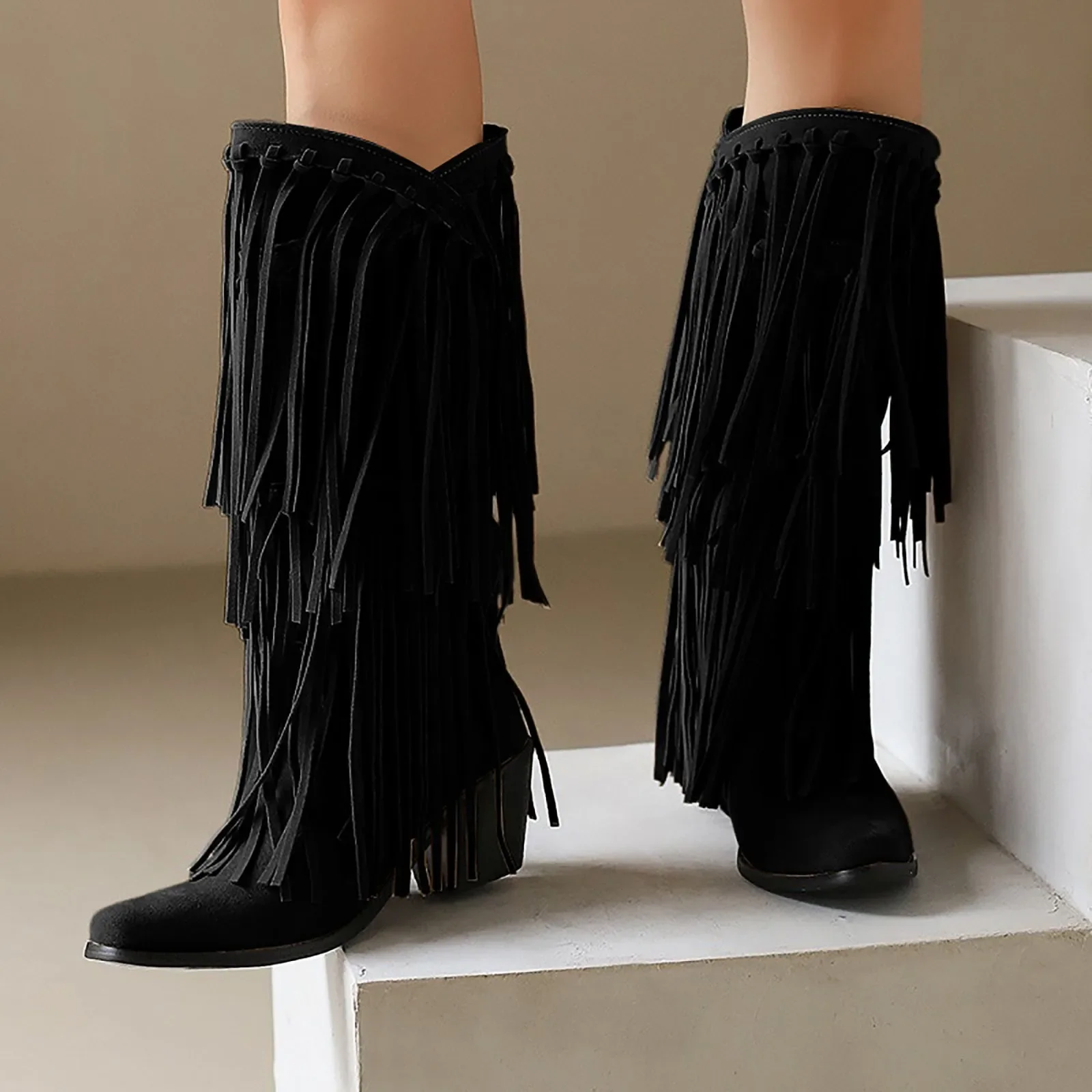 Large Size 45 Women Retro Ethnic Western Cowboy Boots Block Medium Heels Tassel Fringe Kneehigh Boot Lady Winter Shoes Free ship thumbnail 2