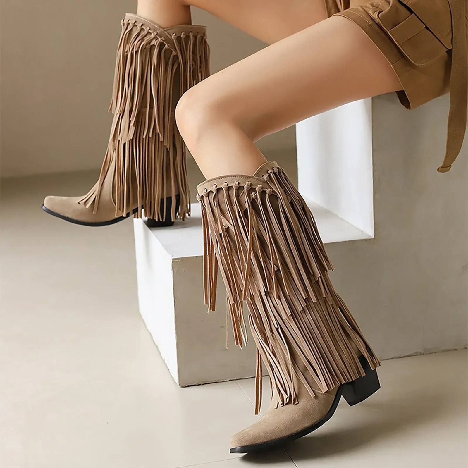 Large Size 45 Women Retro Ethnic Western Cowboy Boots Block Medium Heels Tassel Fringe Kneehigh Boot Lady Winter Shoes Free ship thumbnail 4
