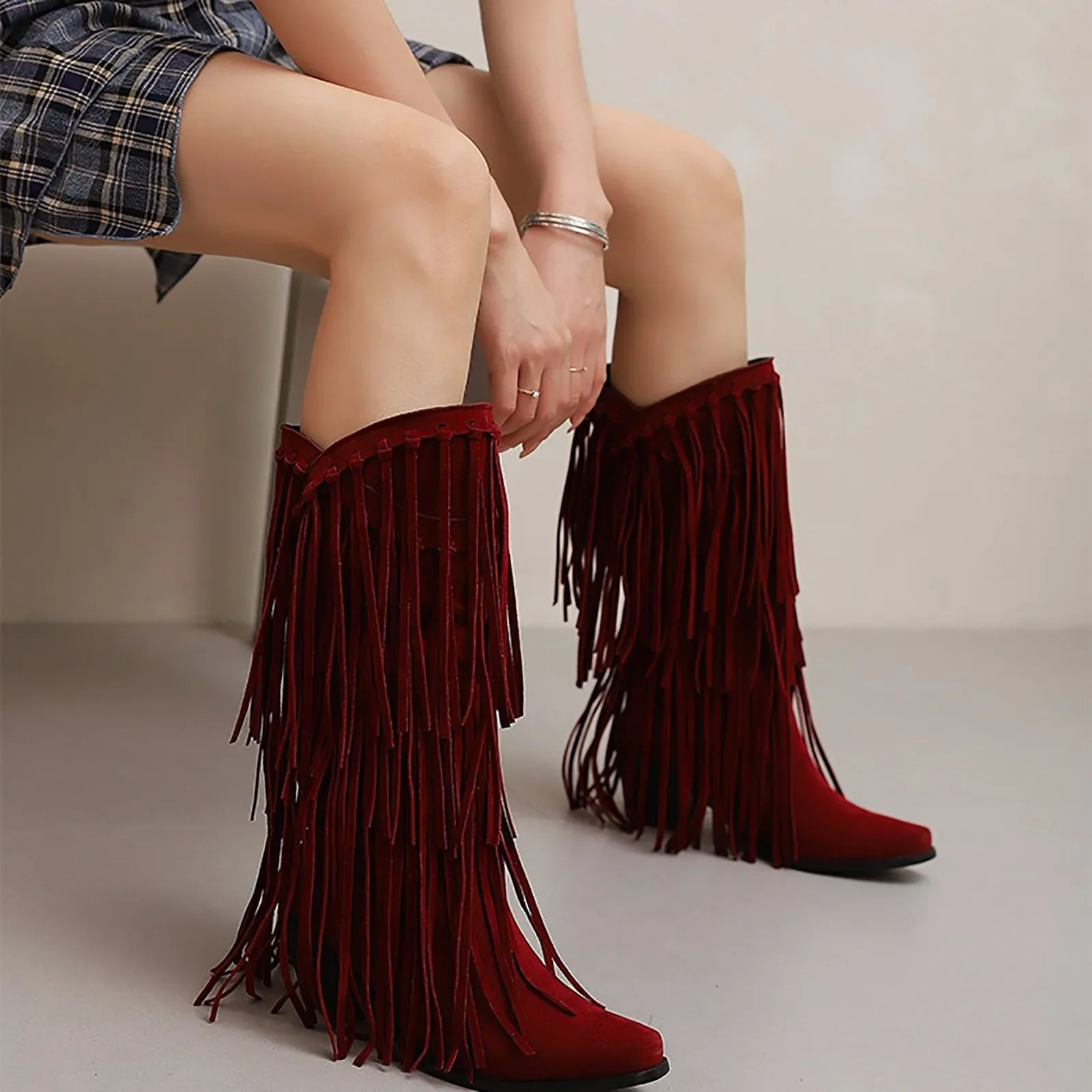 Large Size 45 Women Retro Ethnic Western Cowboy Boots Block Medium Heels Tassel Fringe Kneehigh Boot Lady Winter Shoes Free ship thumbnail 3