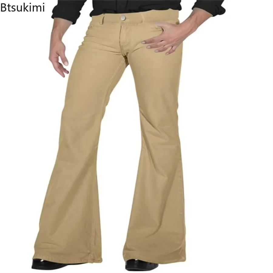 2026 Fashion Men's Vintage Disco Flared Pants Solid Stretch Slim Fit Trousers Hippie Style Casual Wide Leg Pants Male Streetwear thumbnail 5