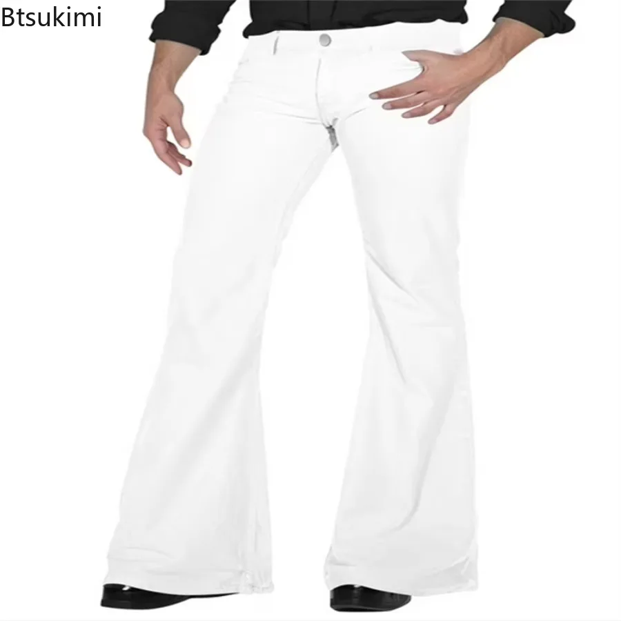 2026 Fashion Men's Vintage Disco Flared Pants Solid Stretch Slim Fit Trousers Hippie Style Casual Wide Leg Pants Male Streetwear thumbnail 2
