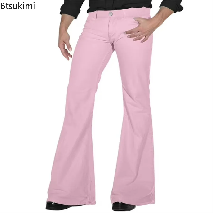 2026 Fashion Men's Vintage Disco Flared Pants Solid Stretch Slim Fit Trousers Hippie Style Casual Wide Leg Pants Male Streetwear thumbnail 6