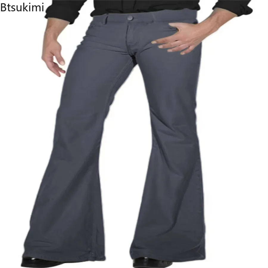 2026 Fashion Men's Vintage Disco Flared Pants Solid Stretch Slim Fit Trousers Hippie Style Casual Wide Leg Pants Male Streetwear thumbnail 3