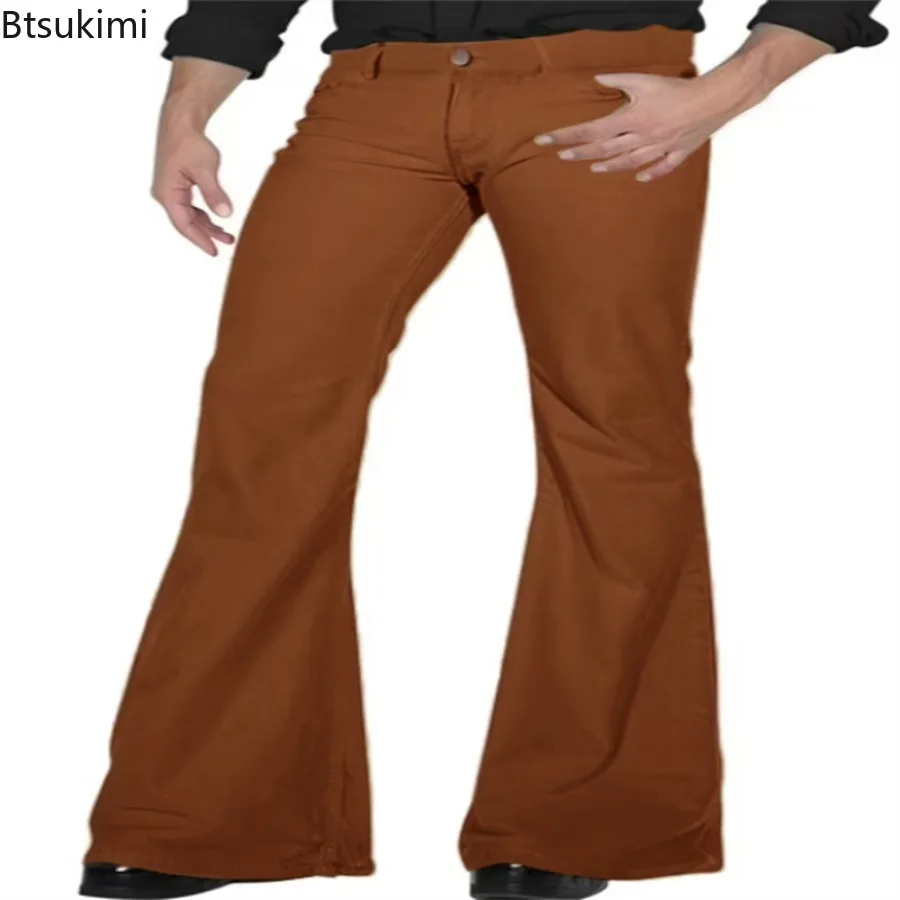 2026 Fashion Men's Vintage Disco Flared Pants Solid Stretch Slim Fit Trousers Hippie Style Casual Wide Leg Pants Male Streetwear thumbnail 4