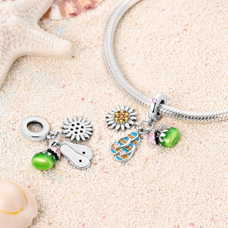 925 Sterling Silver Summer Series Charms Slippers Coconut Tree Bead Pendant Fit Original Bracelets Fashion DIY Jewelry Gift thumbnail 4