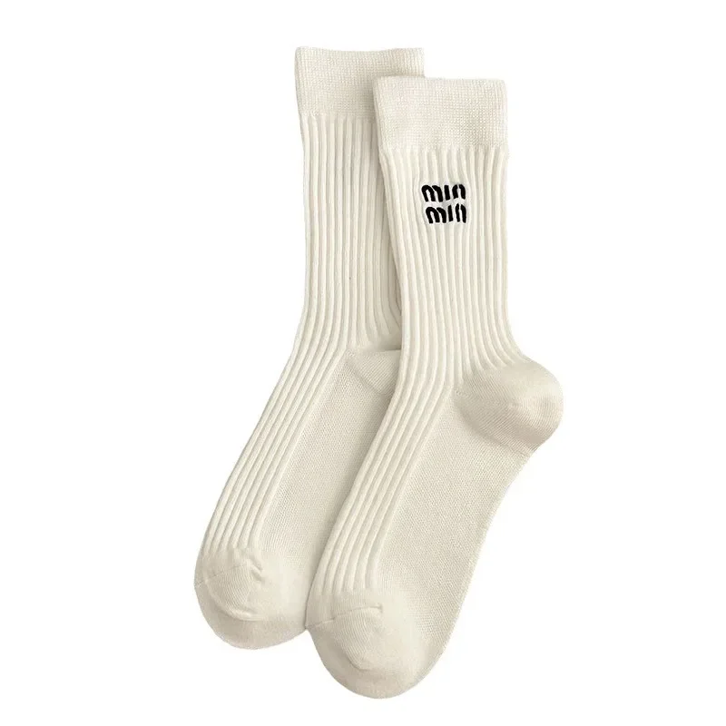 Calcetines Divertidos 2025 Women's Ins Trend White Socks - Cotton Sweat-Absorbent Embroidery Mid Socks, Solid Color Pile Japanes thumbnail 5