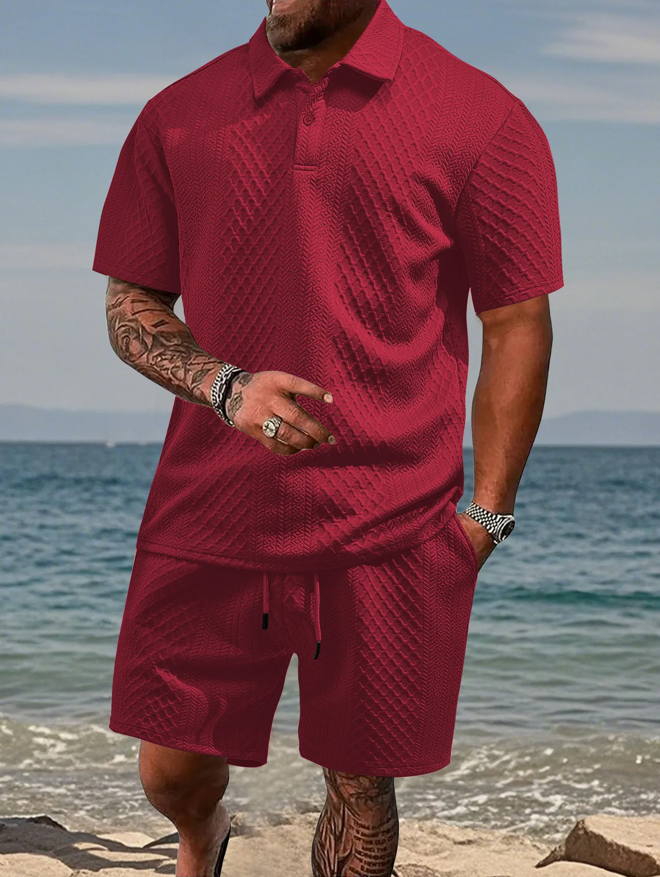 2025 Summer New Men's Casual Sportswear Polo Shirt With A Lapel, Men's Short-sleeved Shirt And Shorts, Jacquard Texture Suit thumbnail 4