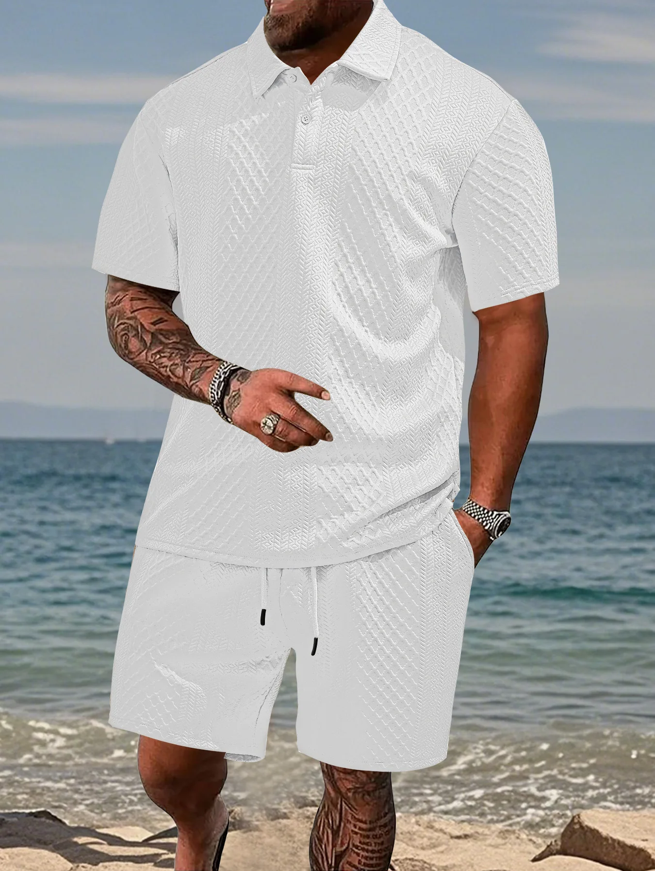 2025 Summer New Men's Casual Sportswear Polo Shirt With A Lapel, Men's Short-sleeved Shirt And Shorts, Jacquard Texture Suit thumbnail 3