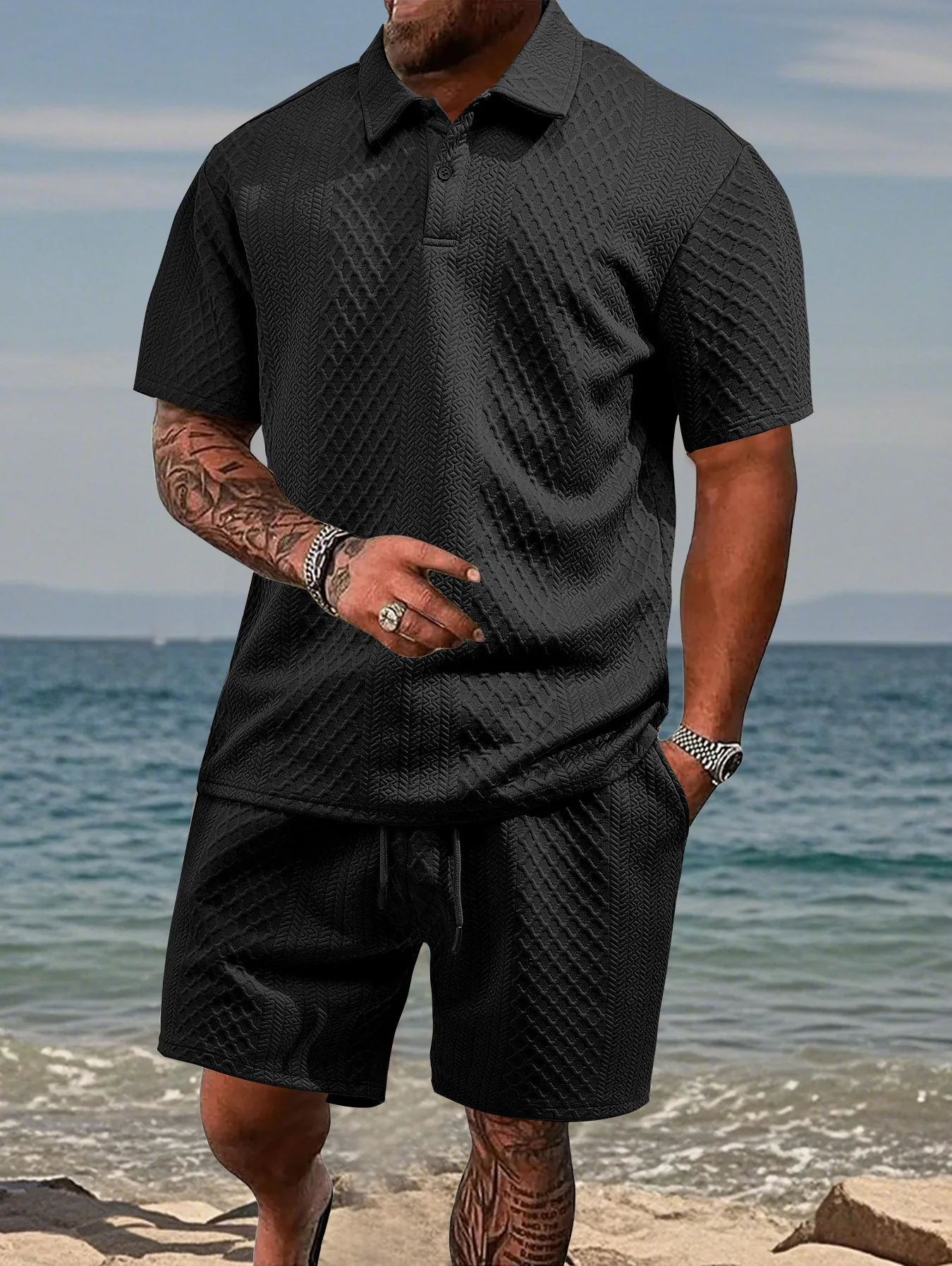 2025 Summer New Men's Casual Sportswear Polo Shirt With A Lapel, Men's Short-sleeved Shirt And Shorts, Jacquard Texture Suit thumbnail 5