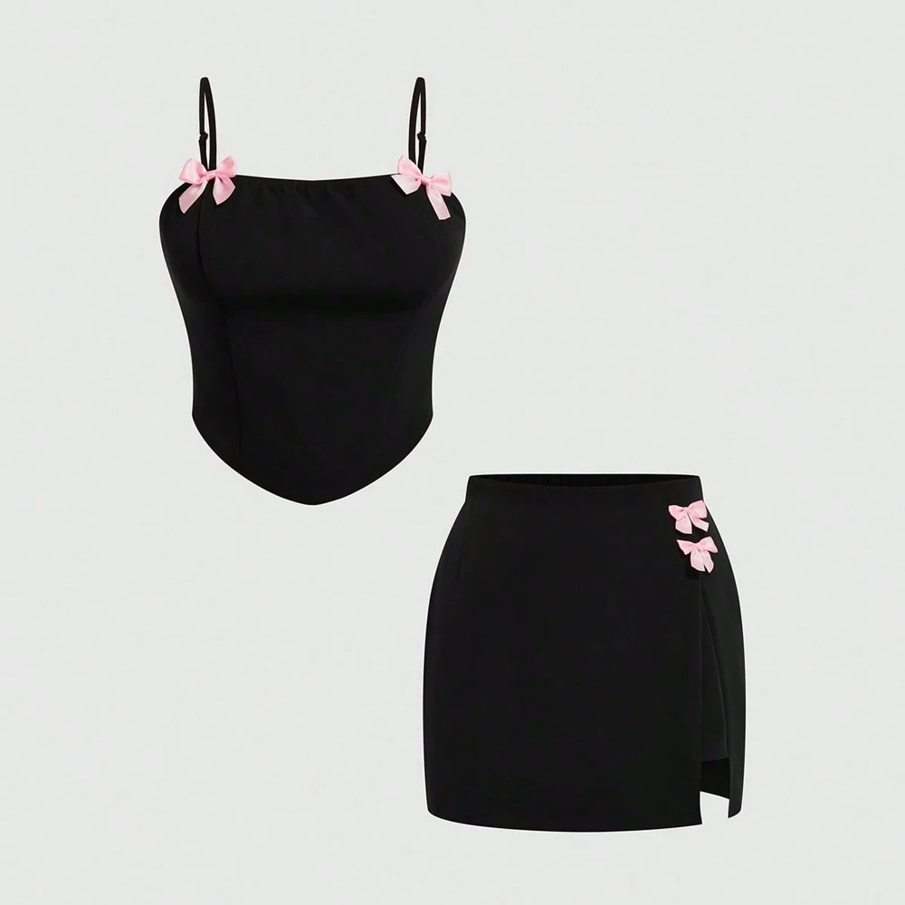 Plus Size 2025 Summer New Women's Spring and Summer Sexy Suspenders Top Bowknot Slit Half Skirt Romantic Girl Two Piece Set thumbnail 2