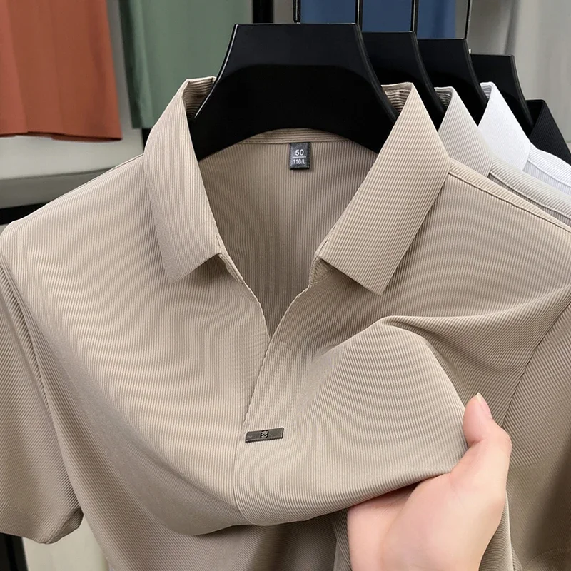 2025 New Men's Casual and Fashionable Solid Color Short Sleeved Polo Shirt Comfortable and Versatile Summer T-shirt thumbnail 2
