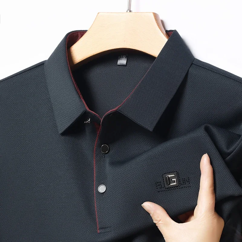 New Men's Business Casual Short Sleeved Shirt with Badge Solid Color Polo Shirt Fashionable Breathable Comfortable Versatile Top thumbnail 2