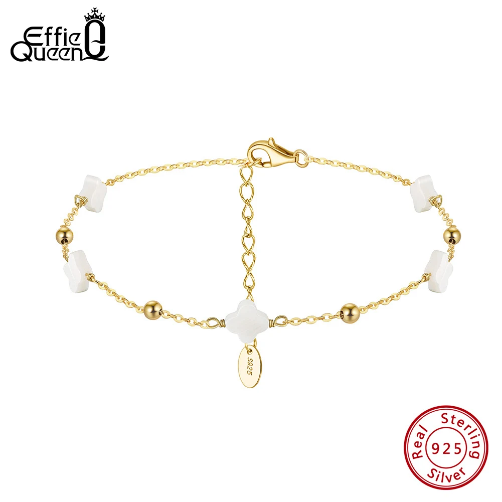 Effie Queen 925 Sterling Silver Shell Anklet Four Leaf Clover Design Nature Style Lucky Symbol Body Chain Summer Jewelry GMA01