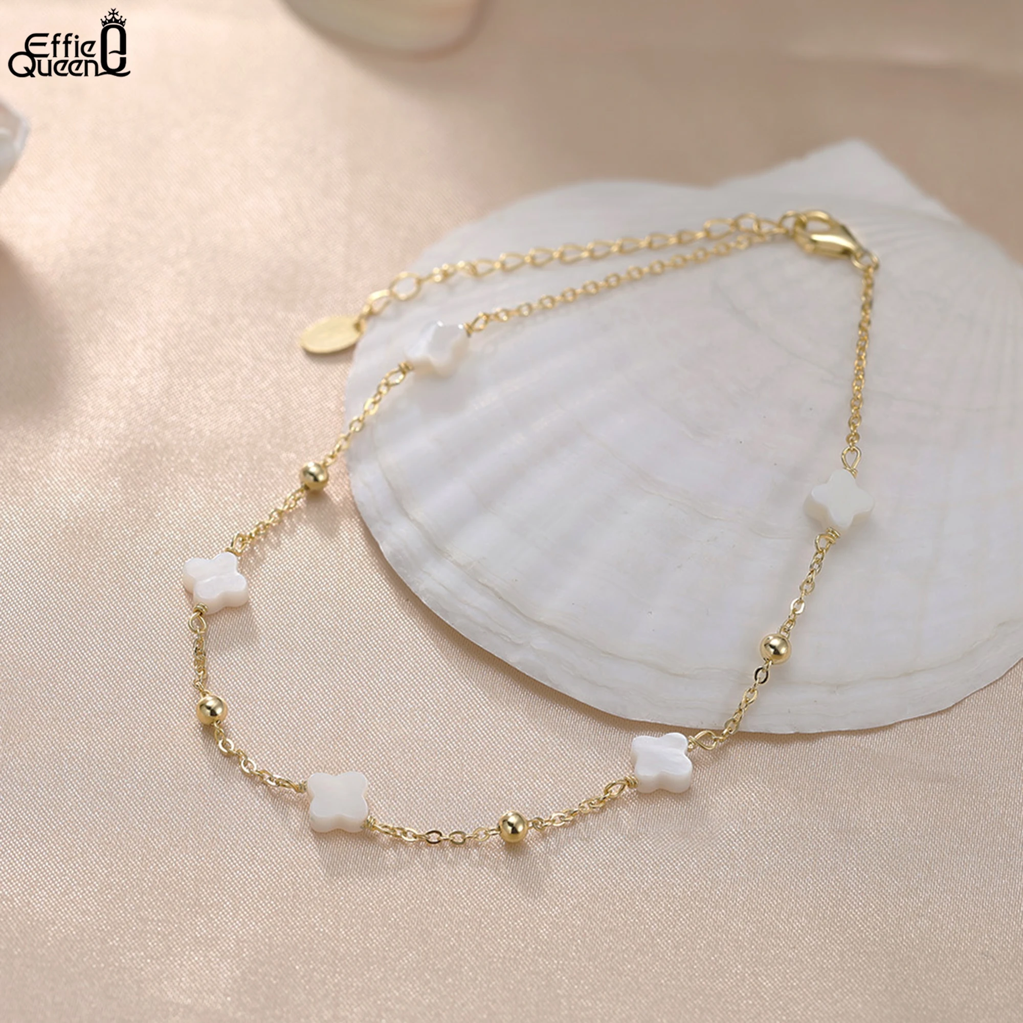 Effie Queen 925 Sterling Silver Shell Anklet Four Leaf Clover Design Nature Style Lucky Symbol Body Chain Summer Jewelry GMA01 thumbnail 2