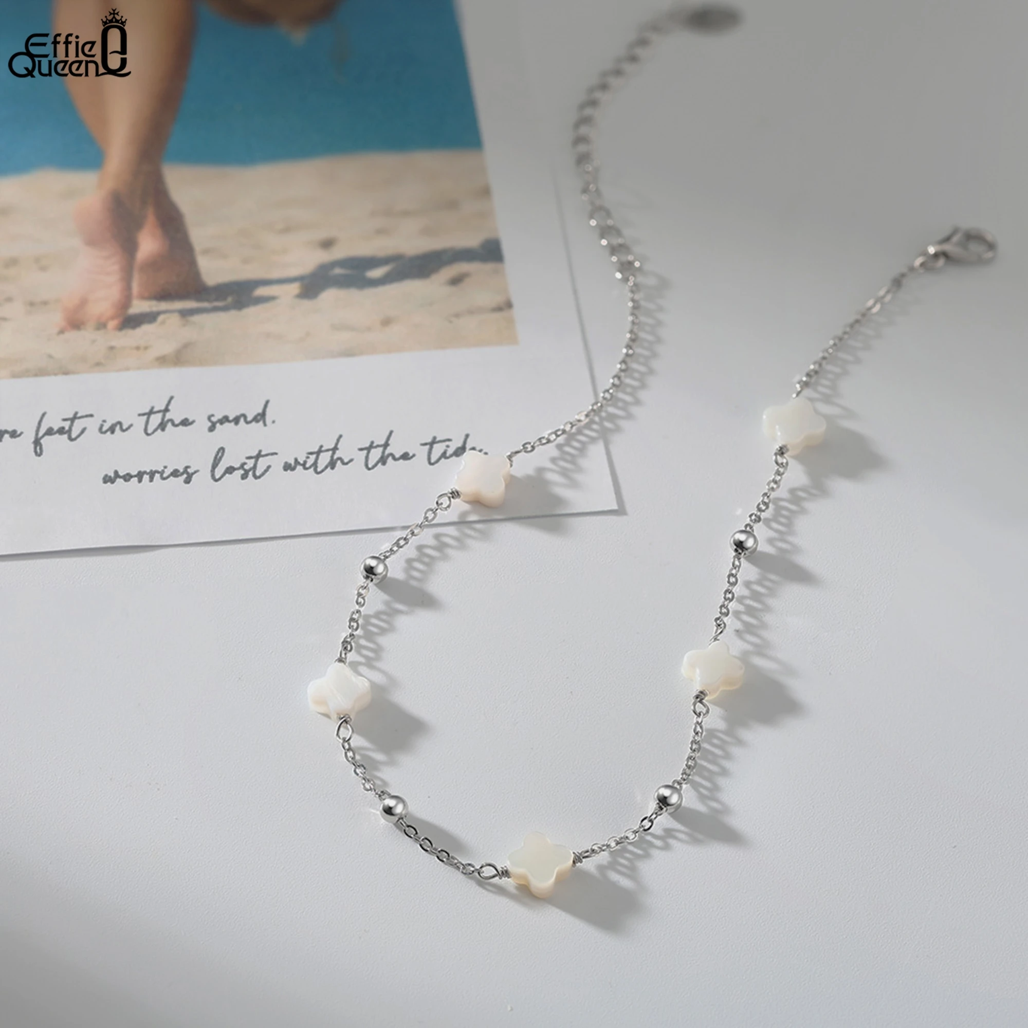 Effie Queen 925 Sterling Silver Shell Anklet Four Leaf Clover Design Nature Style Lucky Symbol Body Chain Summer Jewelry GMA01 thumbnail 3