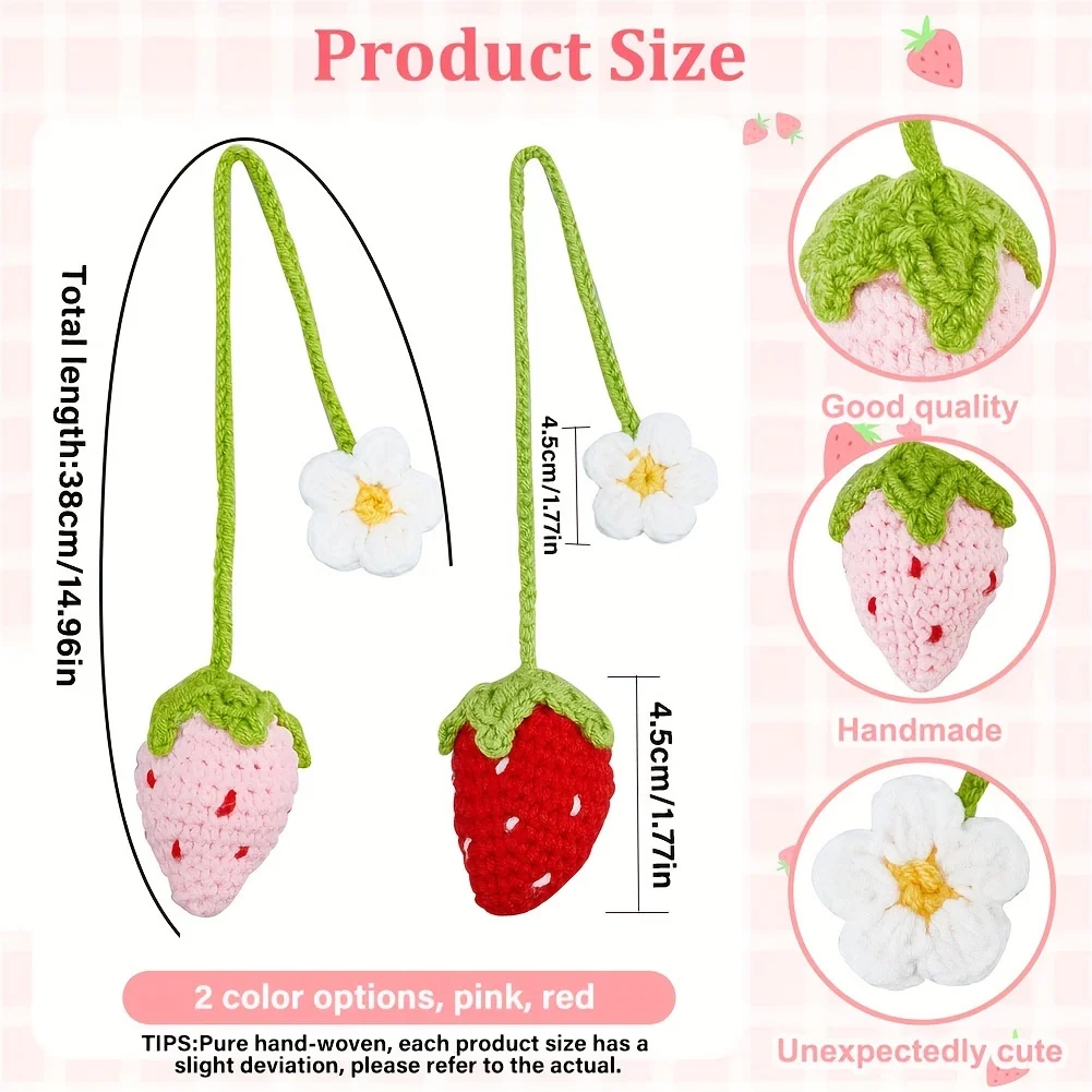 Car Decoration Cute Strawberry Fruit Decor Crochet Red/Pink Strawberry Car Hanging Teens Interior Rear View Mirror Decoration thumbnail 2