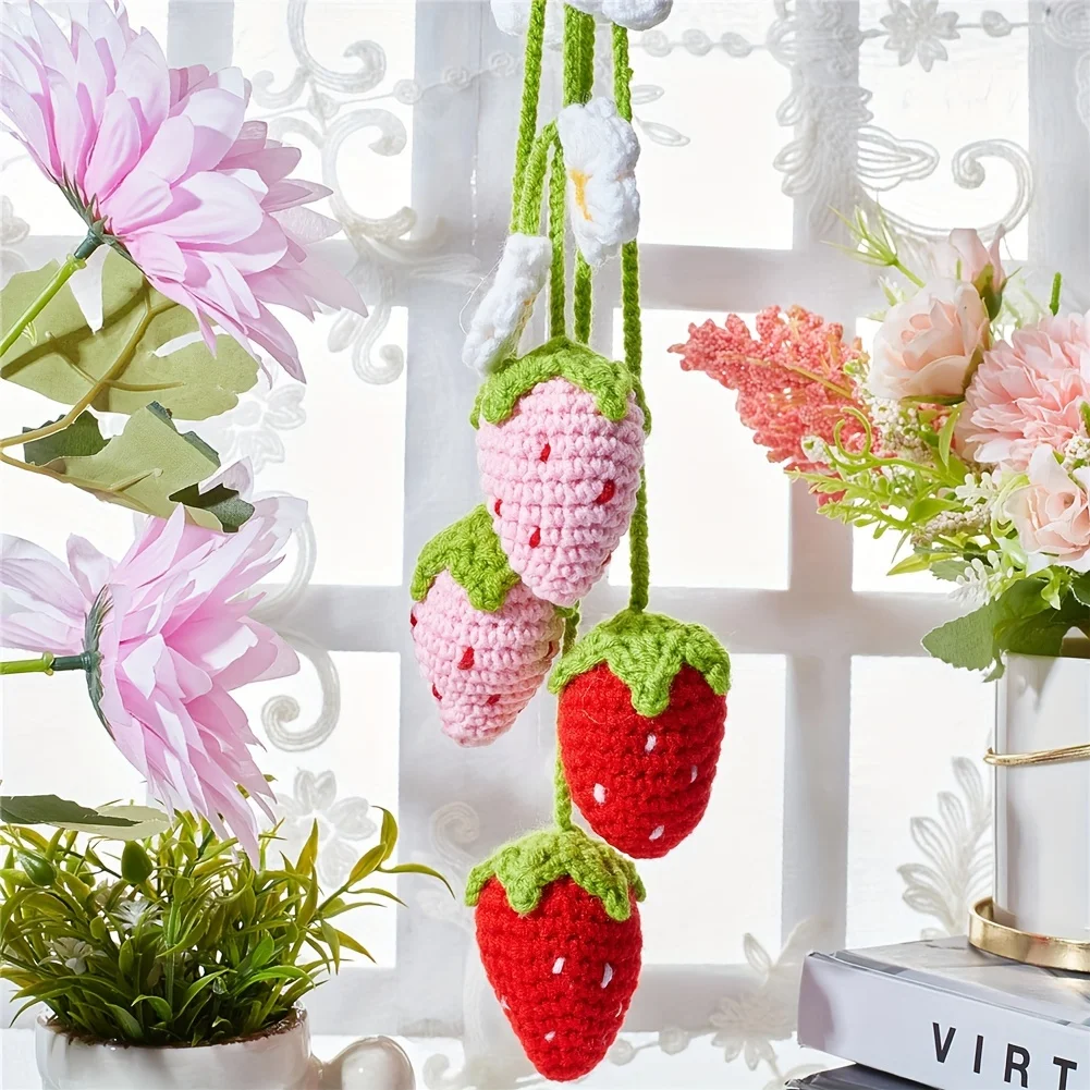 Car Decoration Cute Strawberry Fruit Decor Crochet Red/Pink Strawberry Car Hanging Teens Interior Rear View Mirror Decoration thumbnail 4