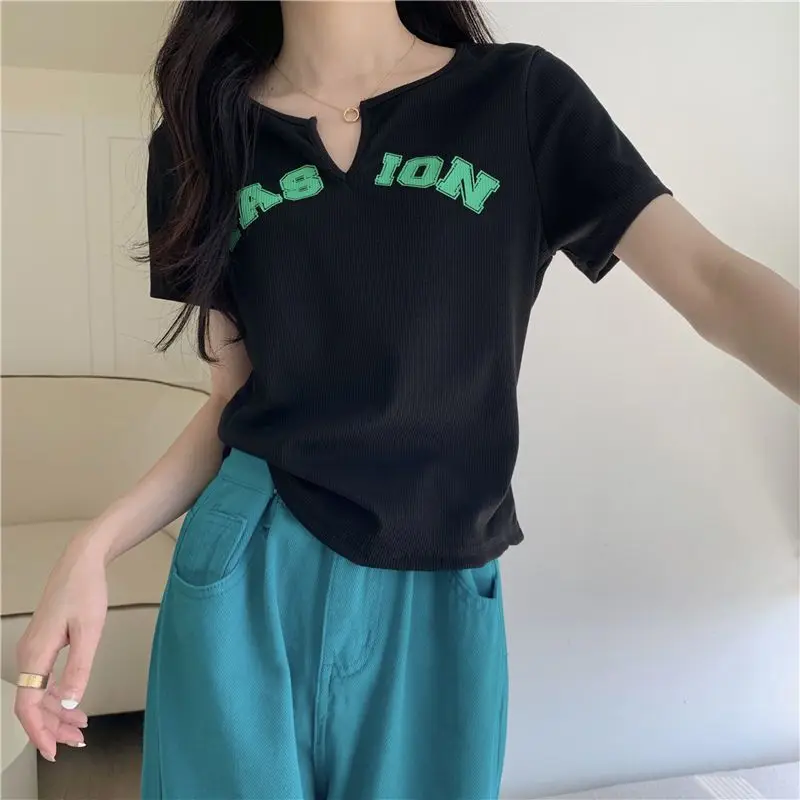 V Neck Letter Print Sweet Short Tops Women Clothing Summer New Short Sleeve Solid All-match Youth Korean T Shirts Fashion Casual
