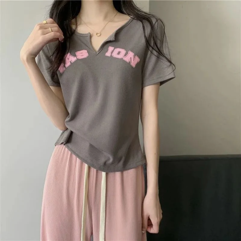 V Neck Letter Print Sweet Short Tops Women Clothing Summer New Short Sleeve Solid All-match Youth Korean T Shirts Fashion Casual thumbnail 3