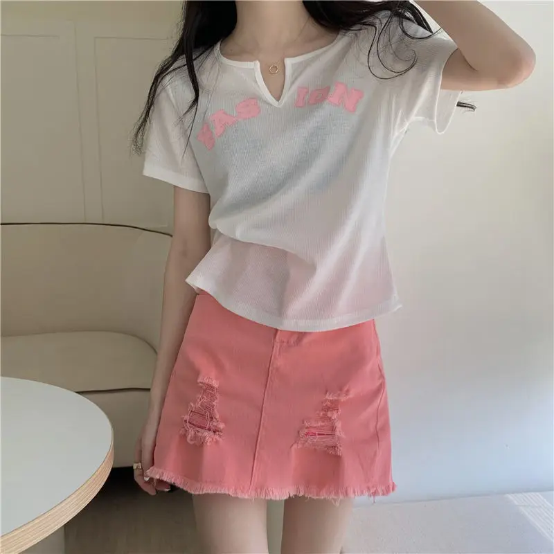 V Neck Letter Print Sweet Short Tops Women Clothing Summer New Short Sleeve Solid All-match Youth Korean T Shirts Fashion Casual thumbnail 5