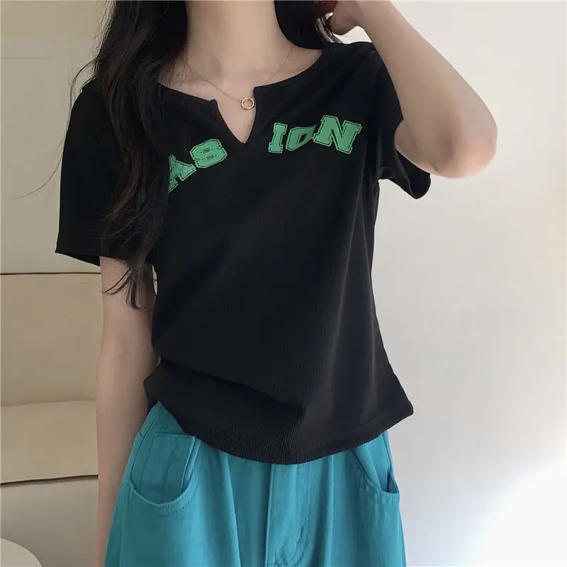 V Neck Letter Print Sweet Short Tops Women Clothing Summer New Short Sleeve Solid All-match Youth Korean T Shirts Fashion Casual thumbnail 2