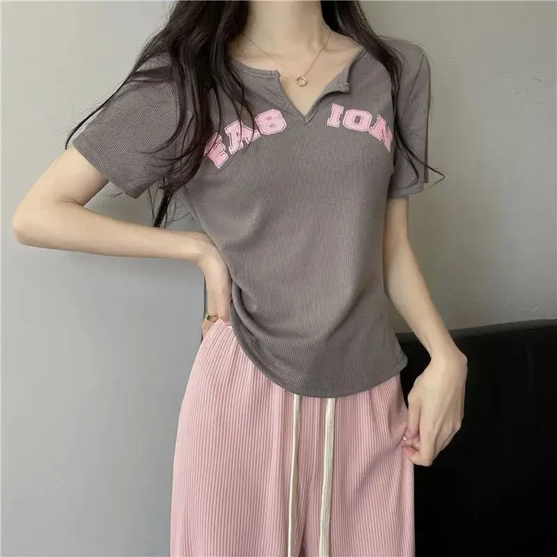 V Neck Letter Print Sweet Short Tops Women Clothing Summer New Short Sleeve Solid All-match Youth Korean T Shirts Fashion Casual thumbnail 4