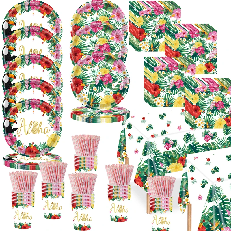 1set Hawaiian Tropical Theme Disposable Tableware Paper Plates Cups Napkins Aloha Flamingo Hello Summer Birthday Party Supplies
