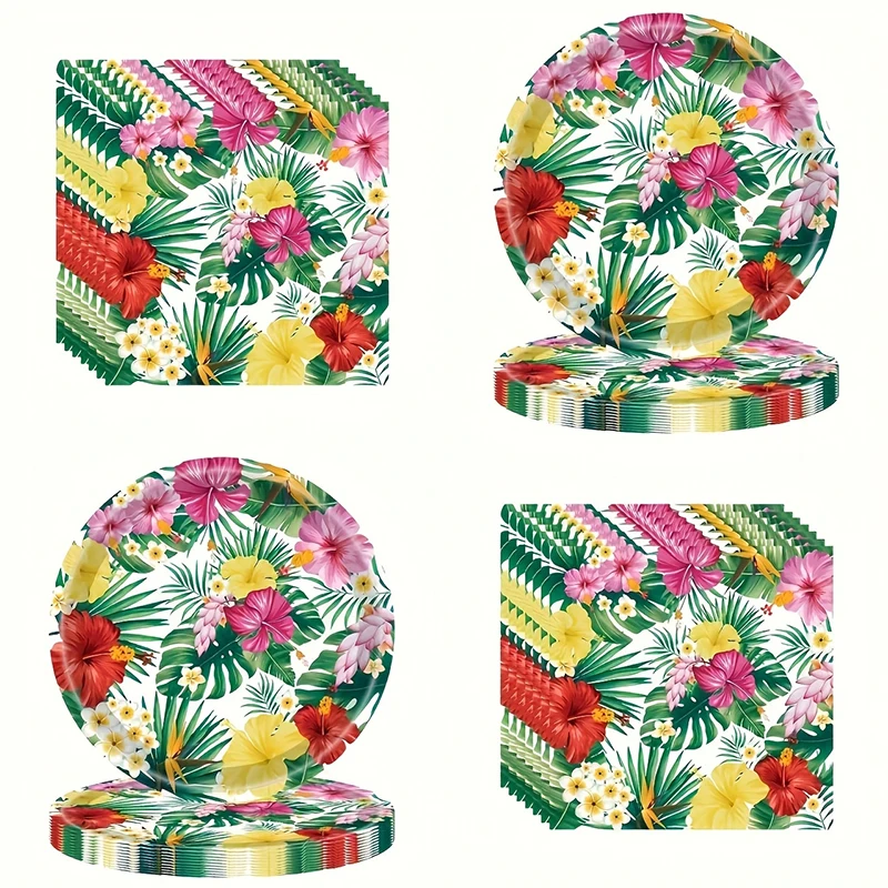 1set Hawaiian Tropical Theme Disposable Tableware Paper Plates Cups Napkins Aloha Flamingo Hello Summer Birthday Party Supplies thumbnail 2