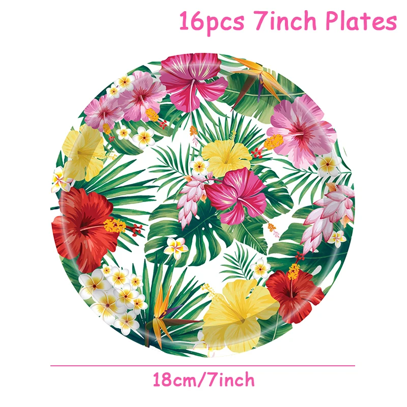 1set Hawaiian Tropical Theme Disposable Tableware Paper Plates Cups Napkins Aloha Flamingo Hello Summer Birthday Party Supplies thumbnail 3