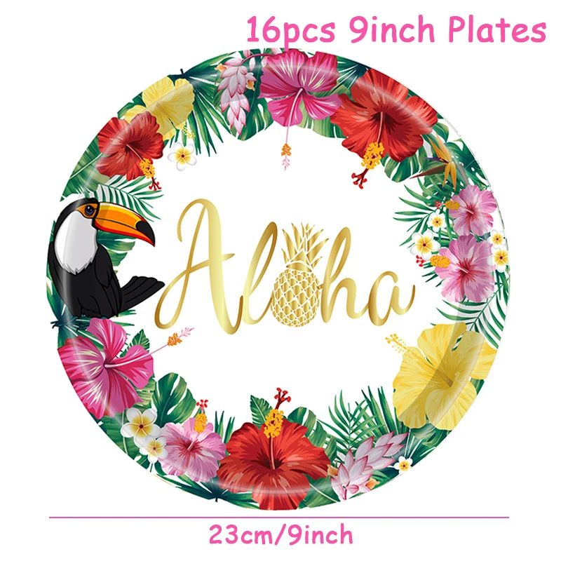 1set Hawaiian Tropical Theme Disposable Tableware Paper Plates Cups Napkins Aloha Flamingo Hello Summer Birthday Party Supplies thumbnail 4