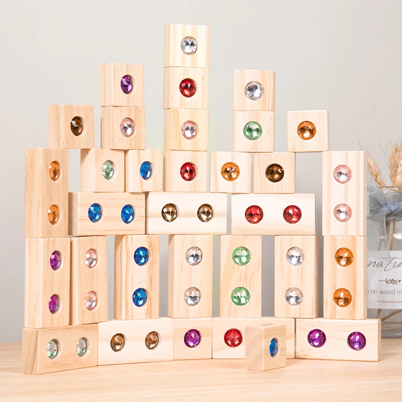 Kids Wooden DIY Blocks Sparkling Acrylic Toy Montessori Rainbow Gem Stacking Blocks Colorful Educational Wooden Creative Toys thumbnail 6