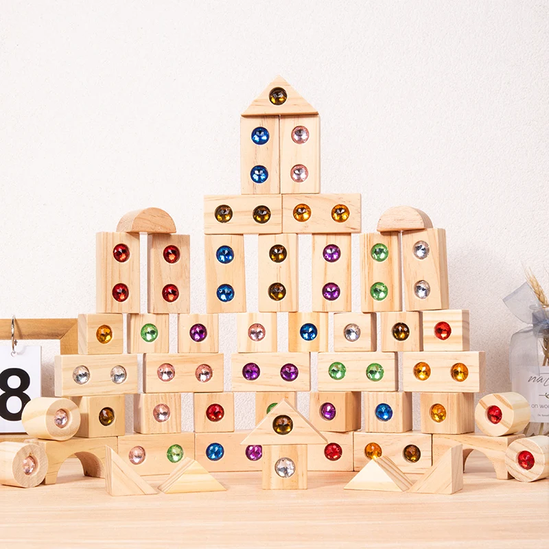 Kids Wooden DIY Blocks Sparkling Acrylic Toy Montessori Rainbow Gem Stacking Blocks Colorful Educational Wooden Creative Toys thumbnail 5