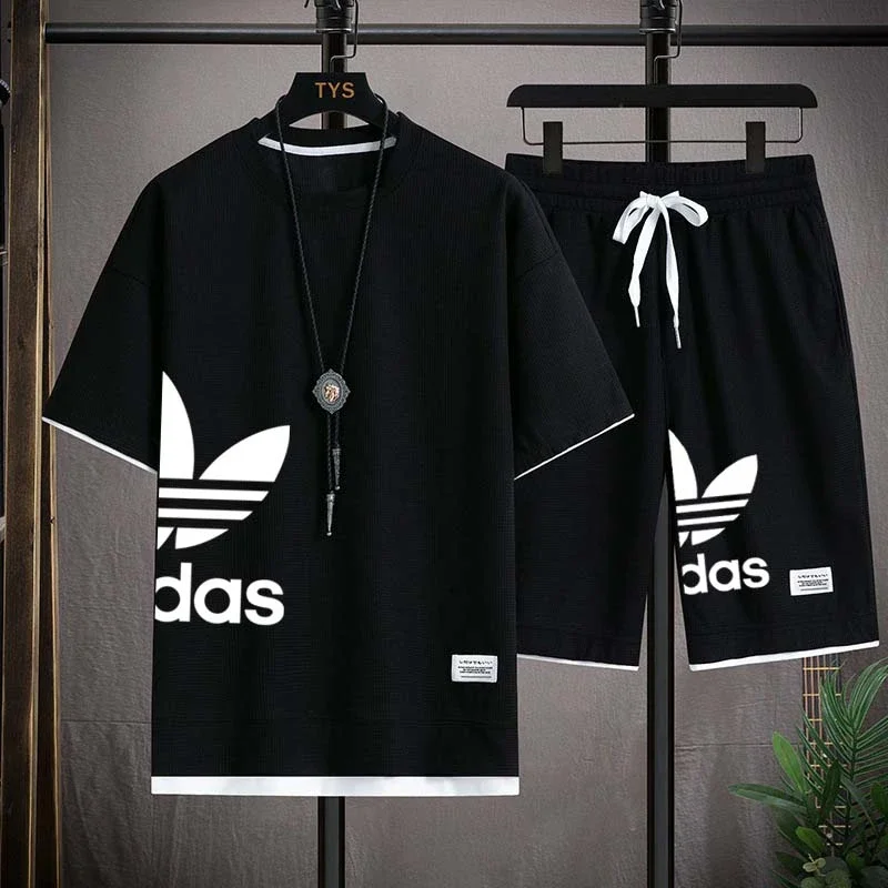 Summer 2025 New Men's pullover sportswear Set, fashionable basketball men's casual short-sleeved T-shirt + shorts two-piece set thumbnail 3