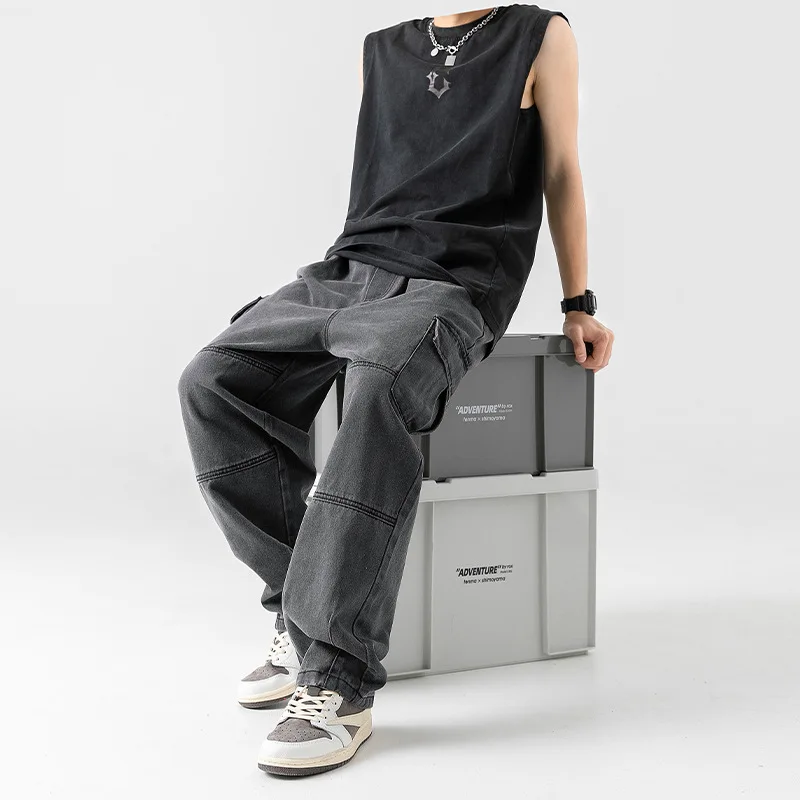Korean men clothing Japanese style three-dimensional pocket jeans spring new retro vintage washed water workwear men's pants thumbnail 3