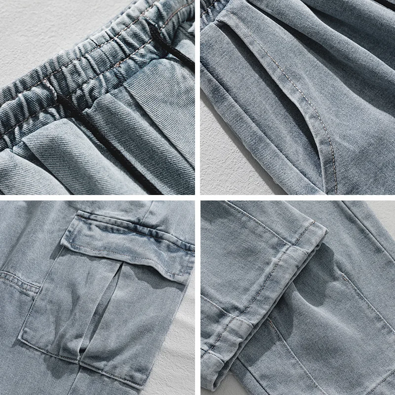 Korean men clothing Japanese style three-dimensional pocket jeans spring new retro vintage washed water workwear men's pants thumbnail 6