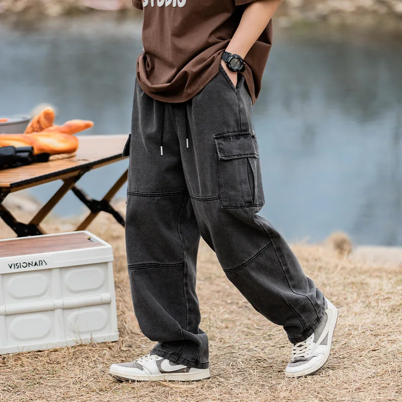Korean men clothing Japanese style three-dimensional pocket jeans spring new retro vintage washed water workwear men's pants thumbnail 2