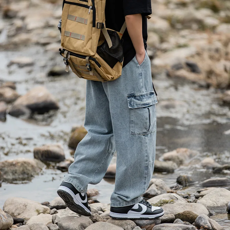 Korean men clothing Japanese style three-dimensional pocket jeans spring new retro vintage washed water workwear men's pants thumbnail 4