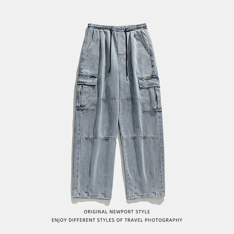 Korean men clothing Japanese style three-dimensional pocket jeans spring new retro vintage washed water workwear men's pants thumbnail 5