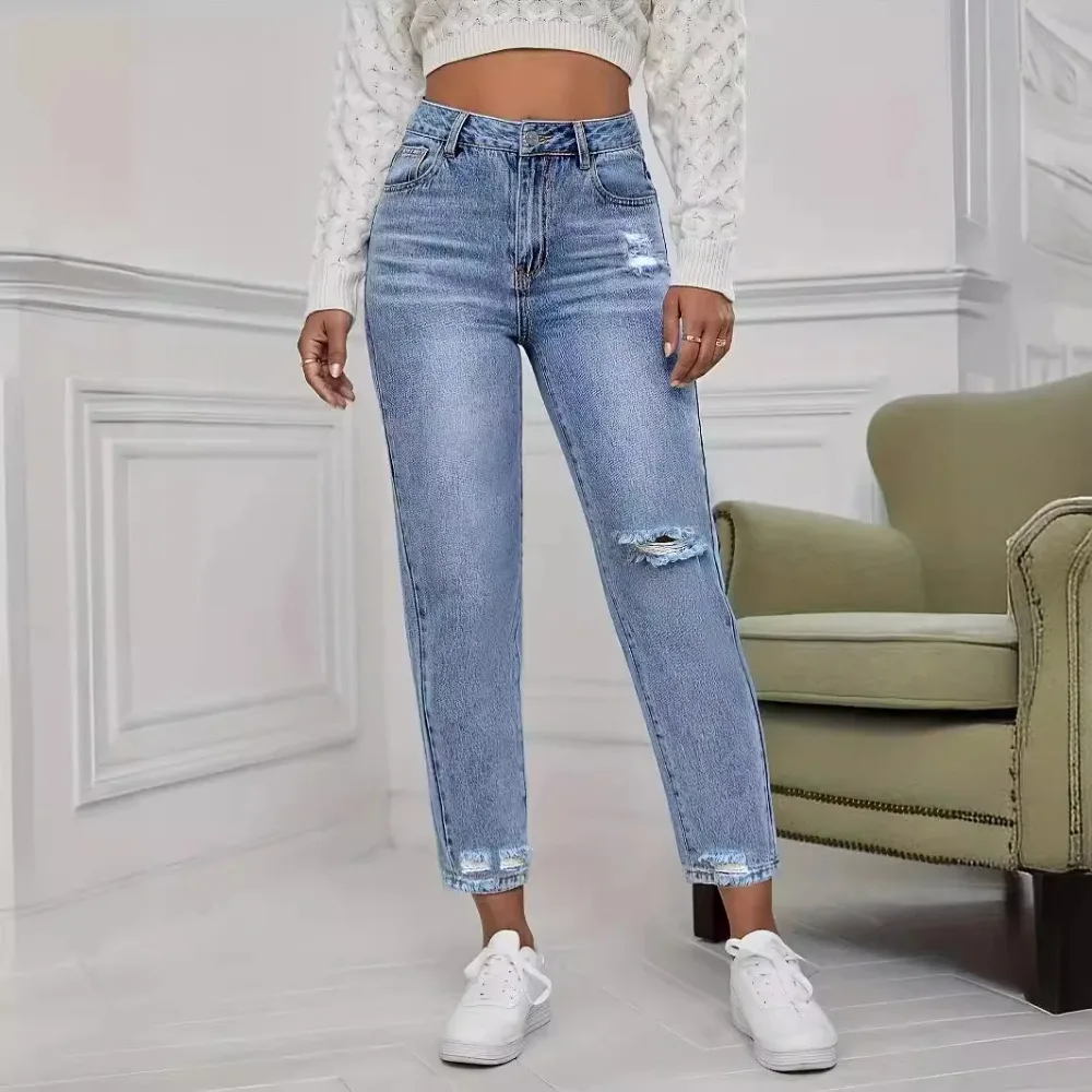 Casual Washed Ripped Jeans for Women Spring and Summer New Fashion Straight Nine Minutes of Pants Women thumbnail 2