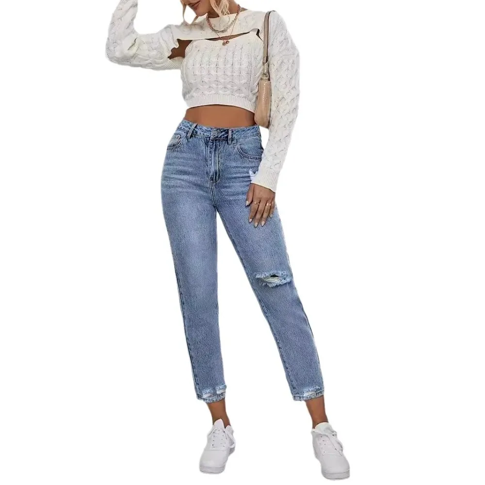 Casual Washed Ripped Jeans for Women Spring and Summer New Fashion Straight Nine Minutes of Pants Women thumbnail 5