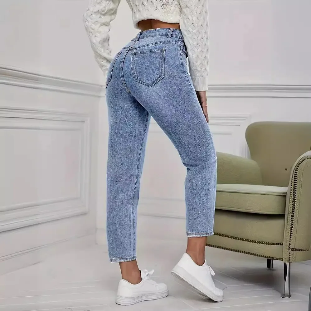 Casual Washed Ripped Jeans for Women Spring and Summer New Fashion Straight Nine Minutes of Pants Women thumbnail 3