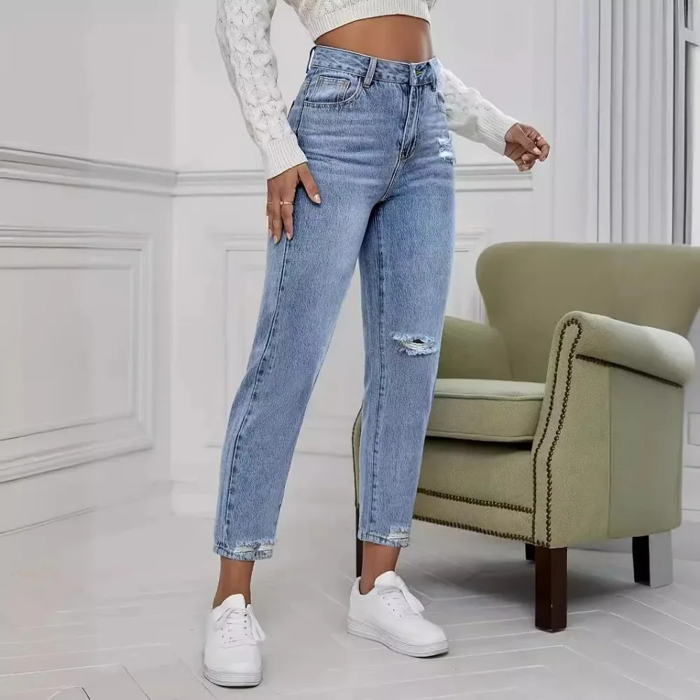 Casual Washed Ripped Jeans for Women Spring and Summer New Fashion Straight Nine Minutes of Pants Women thumbnail 4