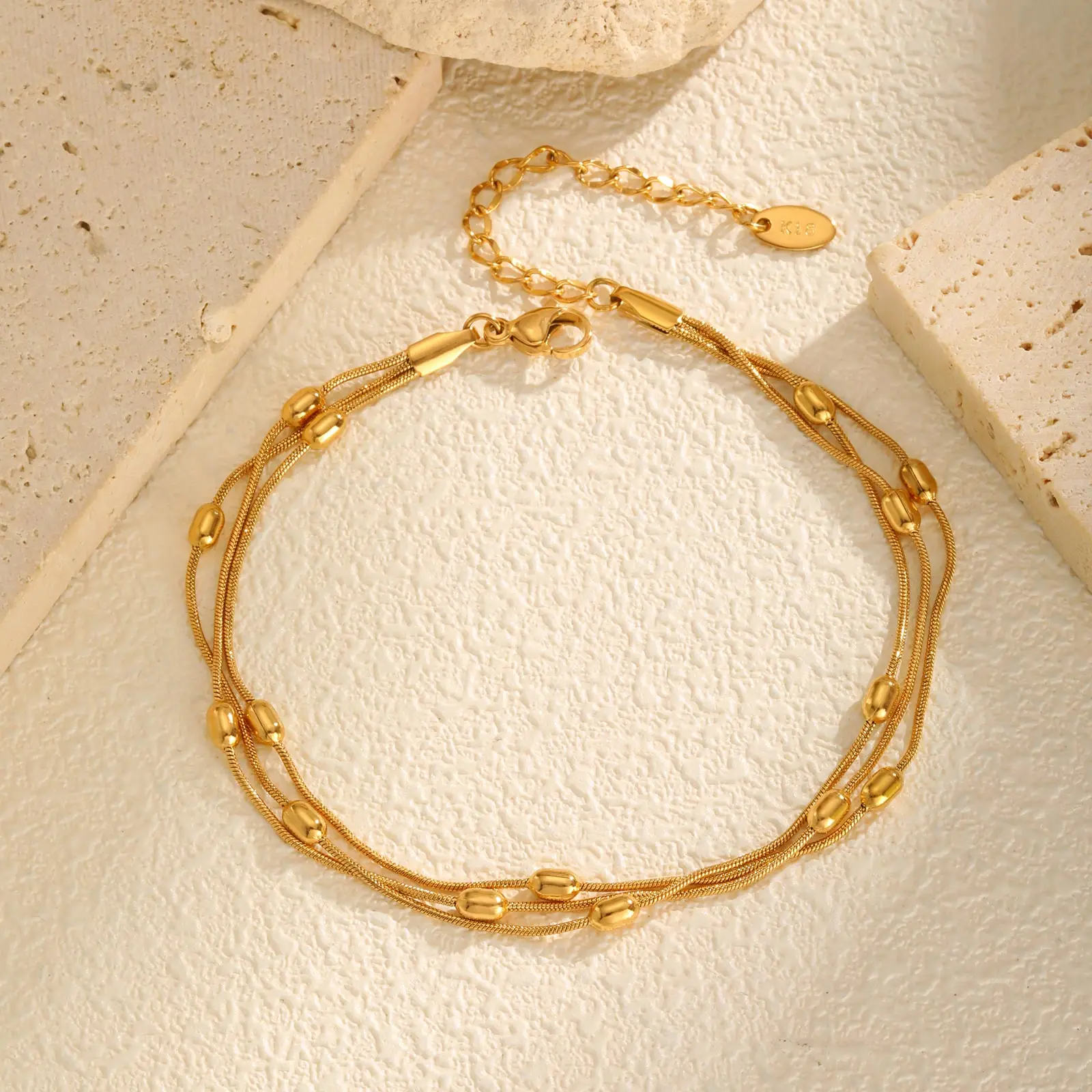Chic Three-layer Rice Bead Round Anklet for Women,Gold Color Stainless Steel Snake Chain Anklets,Summer Vacation Jewelry Gift thumbnail 2