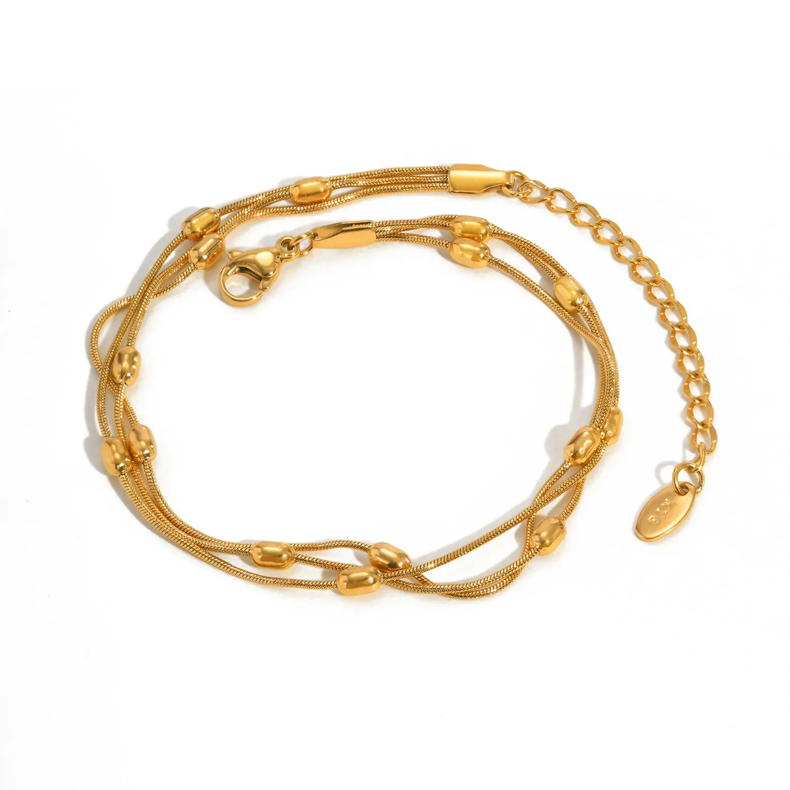 Chic Three-layer Rice Bead Round Anklet for Women,Gold Color Stainless Steel Snake Chain Anklets,Summer Vacation Jewelry Gift thumbnail 3