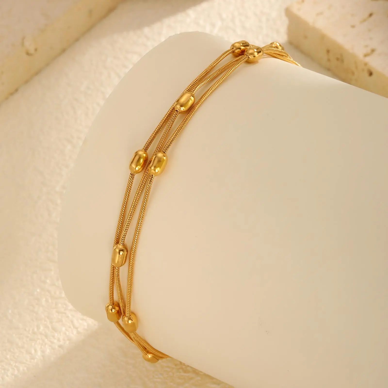 Chic Three-layer Rice Bead Round Anklet for Women,Gold Color Stainless Steel Snake Chain Anklets,Summer Vacation Jewelry Gift thumbnail 4
