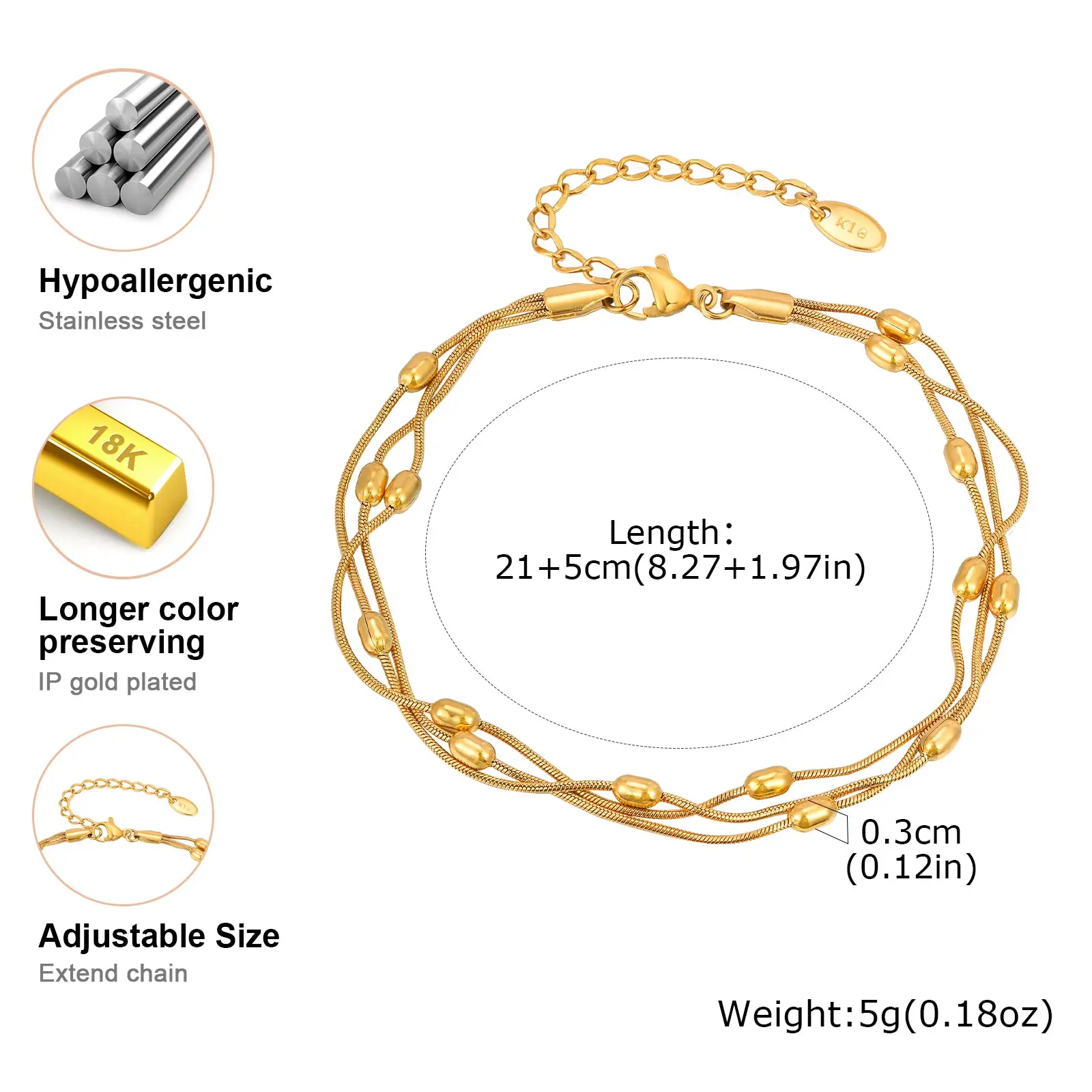 Chic Three-layer Rice Bead Round Anklet for Women,Gold Color Stainless Steel Snake Chain Anklets,Summer Vacation Jewelry Gift thumbnail 6
