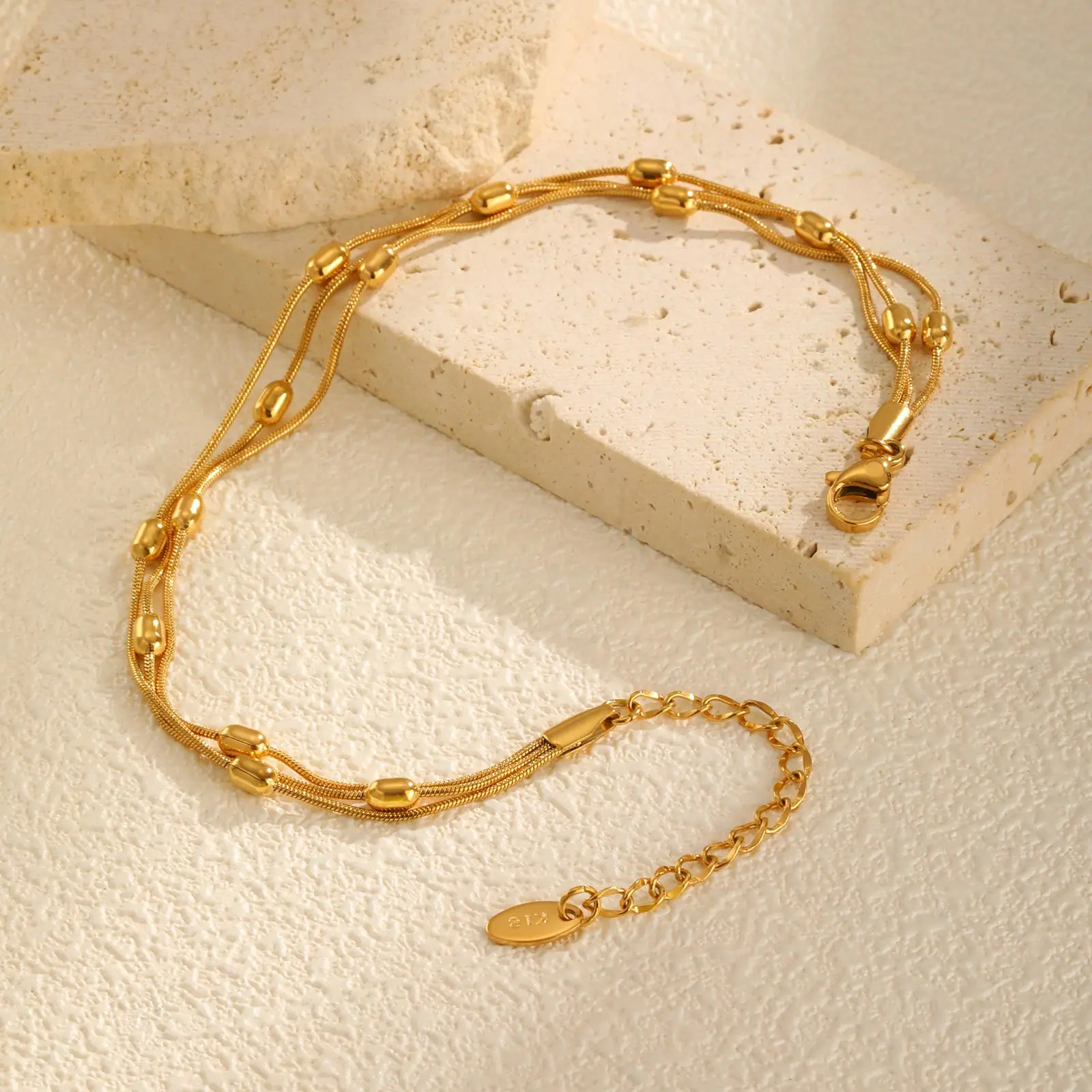 Chic Three-layer Rice Bead Round Anklet for Women,Gold Color Stainless Steel Snake Chain Anklets,Summer Vacation Jewelry Gift thumbnail 5