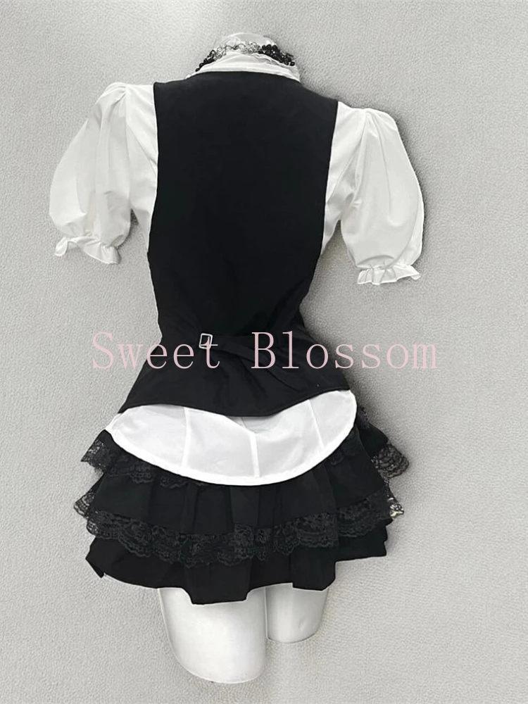 Harajuku Gothic Retro Chic Outfit Women Bubble Sleeve Shirt + Slim Vest + Short Cake Skirt New Vintage Fashion 3 Piece Suit 2025 thumbnail 2
