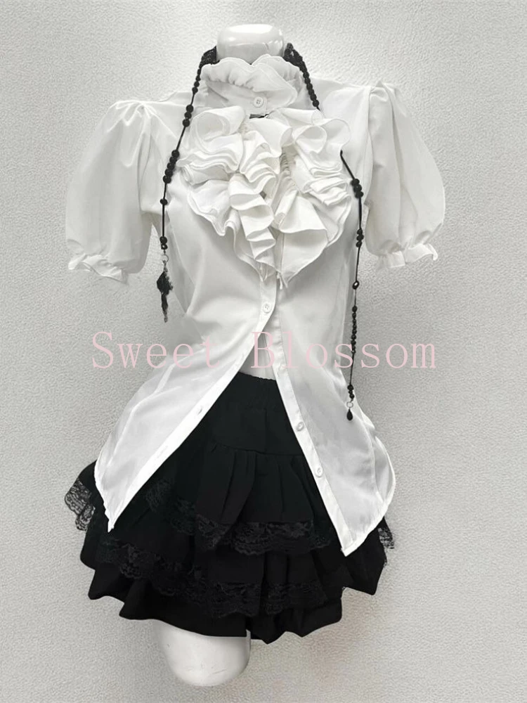 Harajuku Gothic Retro Chic Outfit Women Bubble Sleeve Shirt + Slim Vest + Short Cake Skirt New Vintage Fashion 3 Piece Suit 2025 thumbnail 3
