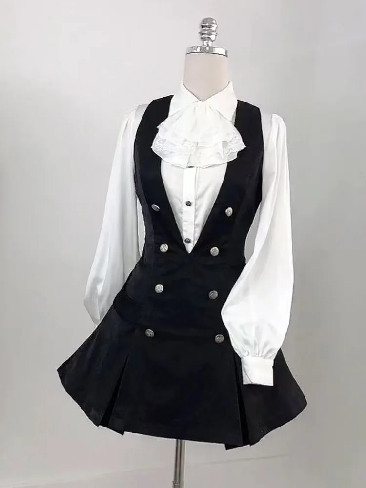 Harajuku Gothic Retro Chic Outfit Women Bubble Sleeve Shirt + Slim Vest + Short Cake Skirt New Vintage Fashion 3 Piece Suit 2025 thumbnail 5